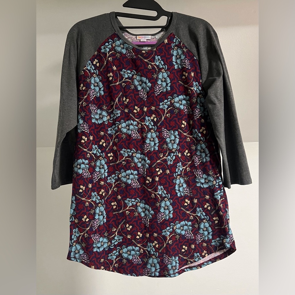 LuLaRoe Burgundy Randy Tee with Teal Floral Pattern and Gray Trim